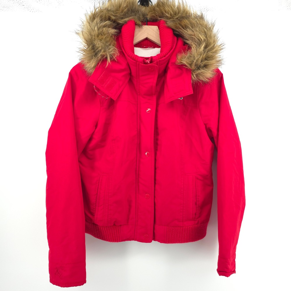 Hollister All-Weather Women Jacket L Red Faux Fur Hood Bomber